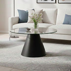 Clear Glass Round Top Coffee Table with Black Conical Metal Base