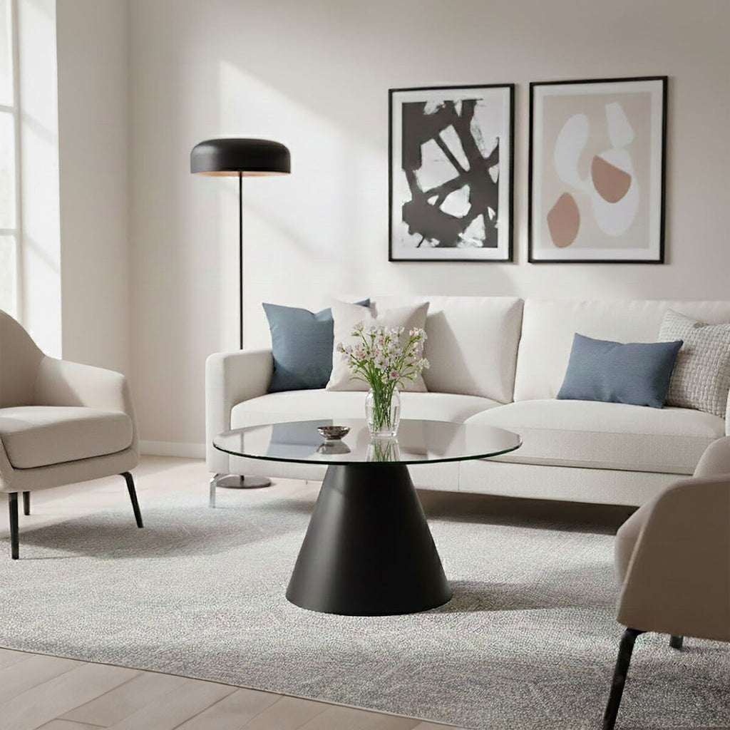 Clear Glass Round Top Coffee Table with Black Conical Metal Base