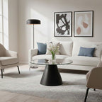 Clear Glass Round Top Coffee Table with Black Conical Metal Base