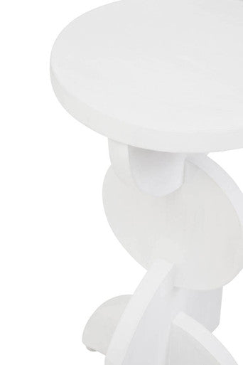 White Finish Mango Wood Abstract Side Table with Sculpted Geometric Base