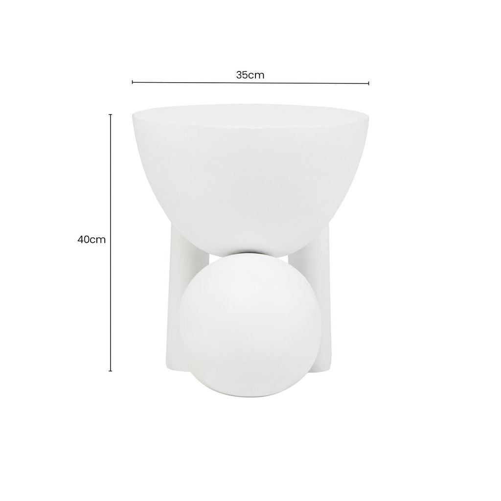 White Finish Mango Wood Round Side Table with Sphere and Semi-Cupped Legs