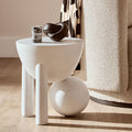 White Finish Mango Wood Round Side Table with Sphere and Semi-Cupped Legs
