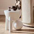 White Finish Mango Wood Round Side Table with Sphere and Semi-Cupped Legs