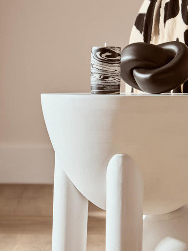 White Finish Mango Wood Round Side Table with Sphere and Semi-Cupped Legs