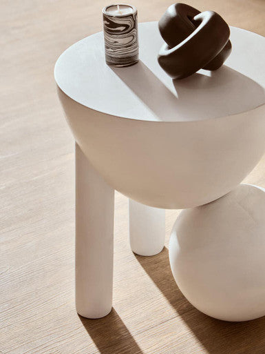 White Finish Mango Wood Round Side Table with Sphere and Semi-Cupped Legs