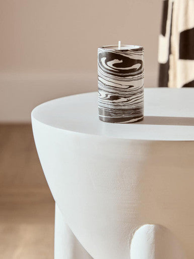 White Finish Mango Wood Round Side Table with Sphere and Semi-Cupped Legs
