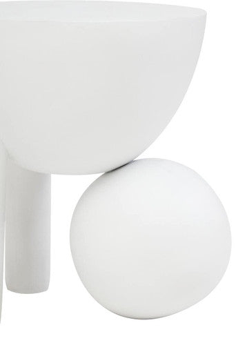 White Finish Mango Wood Round Side Table with Sphere and Semi-Cupped Legs