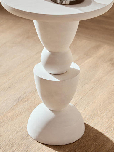 Whitewash Mango Wood Round Top Side Table with Sculptural Pedestal Base