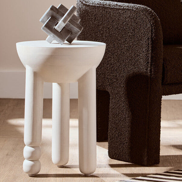 Whitewash Mango Wood Round Side Table with Column Detail Base