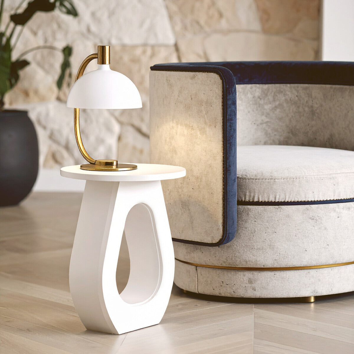 Whitewash Finish Mango Wood Accent Table with Horseshoe Cutout Base