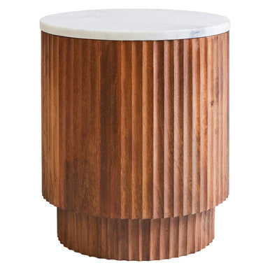 Brown Mango Wood Carved Side Table with White Marble Top