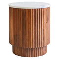 Brown Mango Wood Carved Side Table with White Marble Top