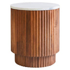 Brown Mango Wood Carved Side Table with White Marble Top
