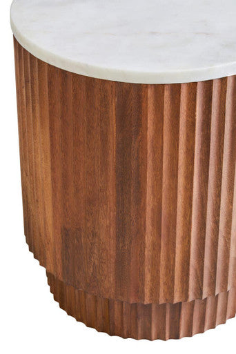 Brown Mango Wood Carved Side Table with White Marble Top