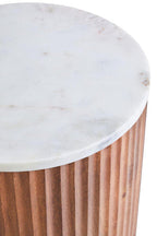 Brown Mango Wood Carved Side Table with White Marble Top