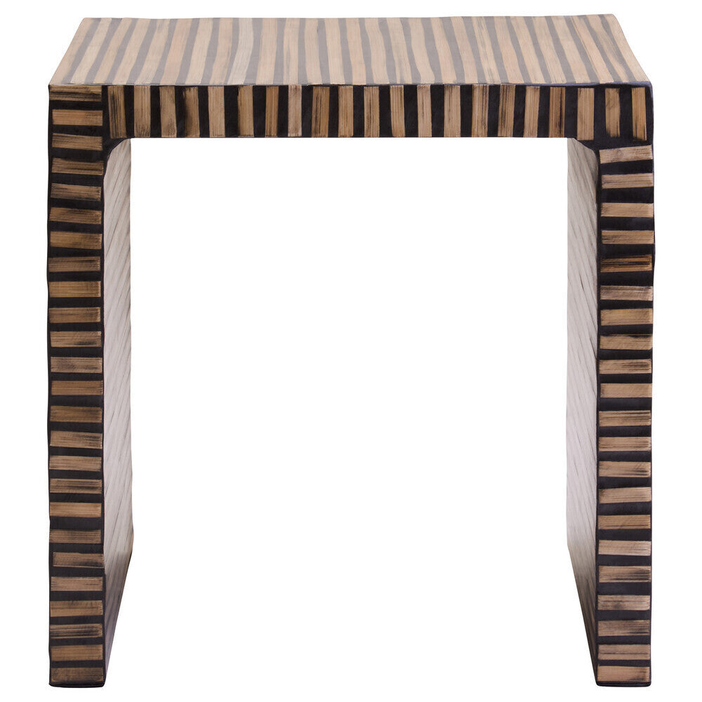 Natural Bamboo Inlay Square Side Table with Linear Pattern and Open Base