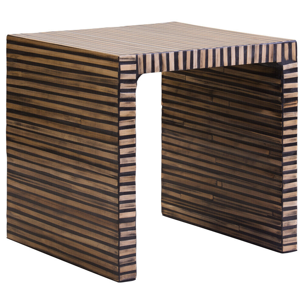 Natural Bamboo Inlay Square Side Table with Linear Pattern and Open Base