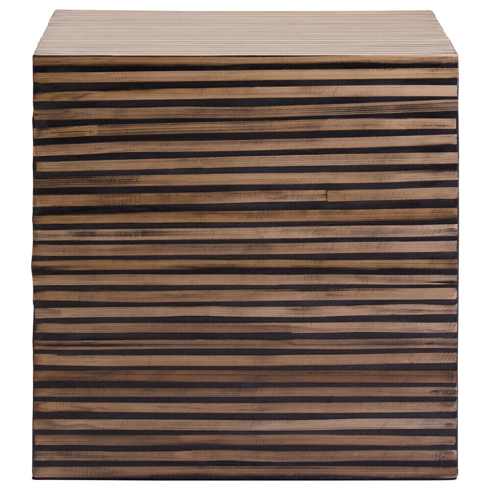 Natural Bamboo Inlay Square Side Table with Linear Pattern and Open Base