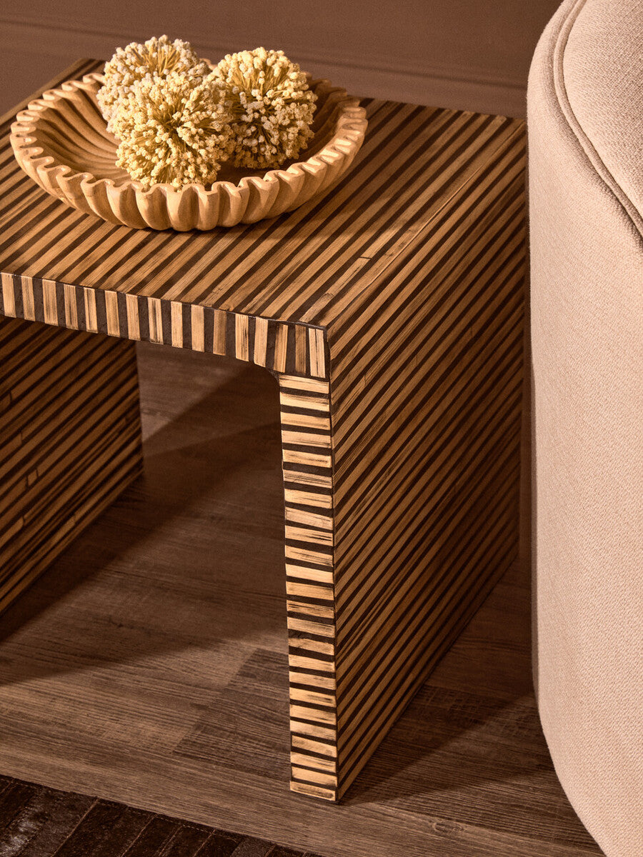 Natural Bamboo Inlay Square Side Table with Linear Pattern and Open Base