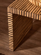 Natural Bamboo Inlay Square Side Table with Linear Pattern and Open Base