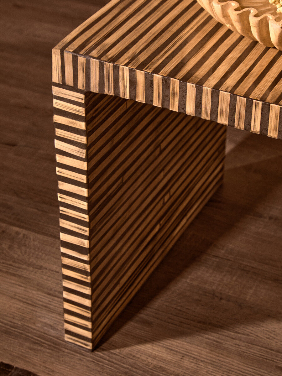Natural Bamboo Inlay Square Side Table with Linear Pattern and Open Base