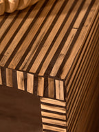 Natural Bamboo Inlay Square Side Table with Linear Pattern and Open Base