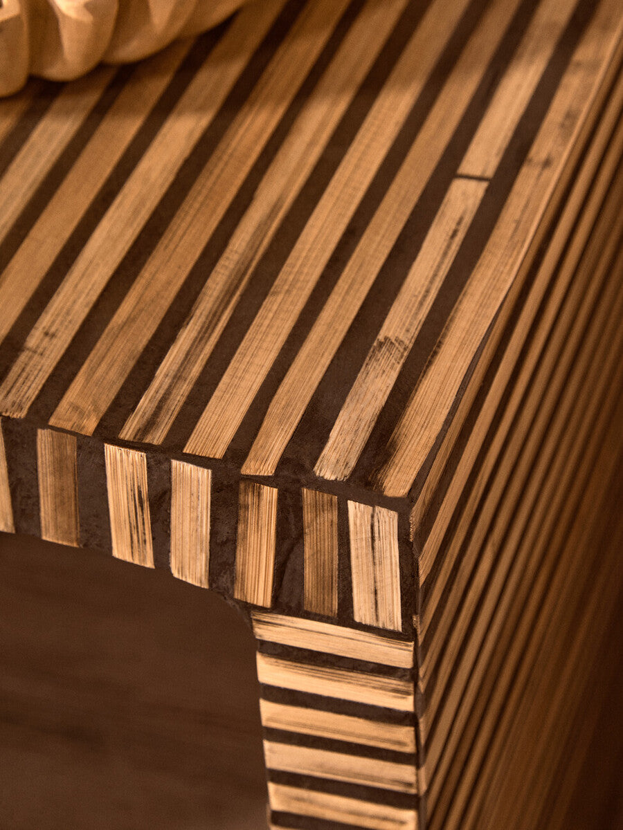 Natural Bamboo Inlay Square Side Table with Linear Pattern and Open Base