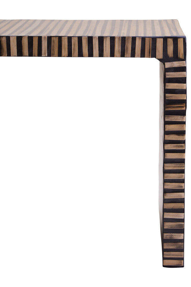 Natural Bamboo Inlay Square Side Table with Linear Pattern and Open Base