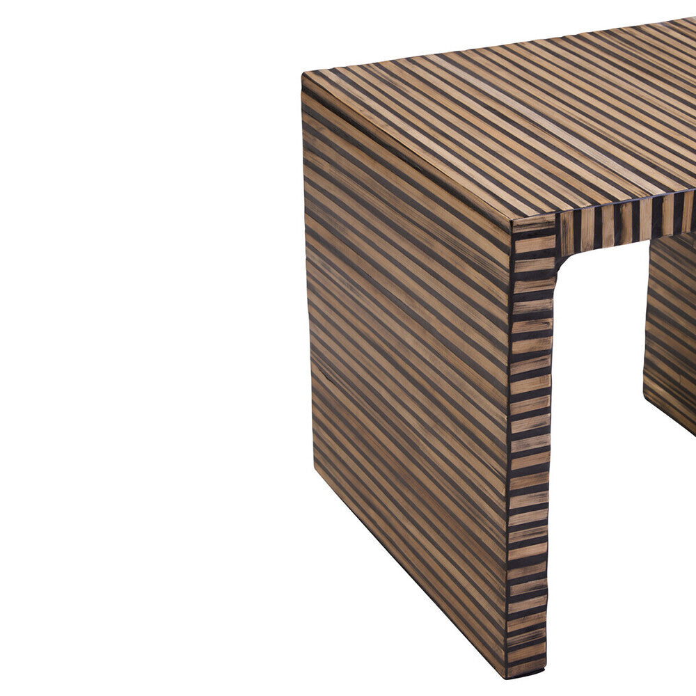 Natural Bamboo Inlay Square Side Table with Linear Pattern and Open Base
