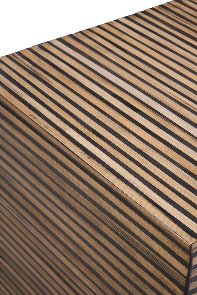 Natural Bamboo Inlay Square Side Table with Linear Pattern and Open Base