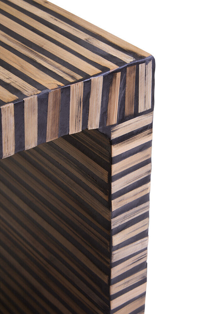 Natural Bamboo Inlay Square Side Table with Linear Pattern and Open Base