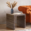Natural Bamboo Inlay Square Side Table with Linear Pattern and Open Base