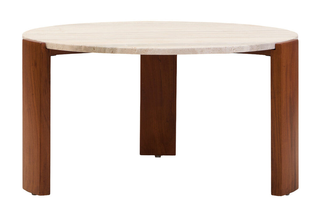 Travertine and Natural Acacia Wood Large Round Coffee Table