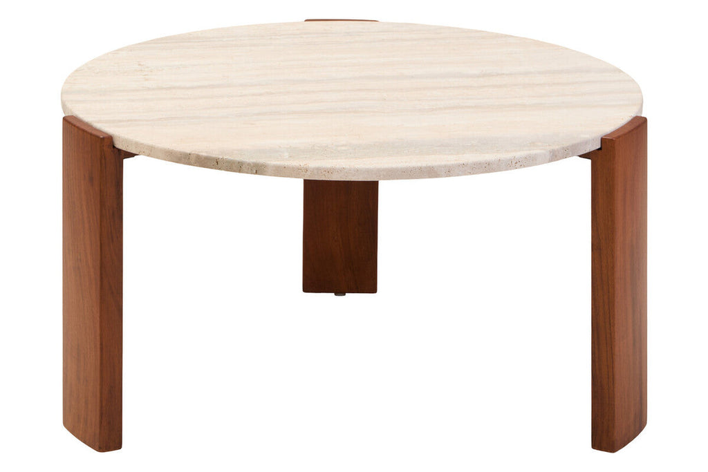Travertine and Natural Acacia Wood Large Round Coffee Table