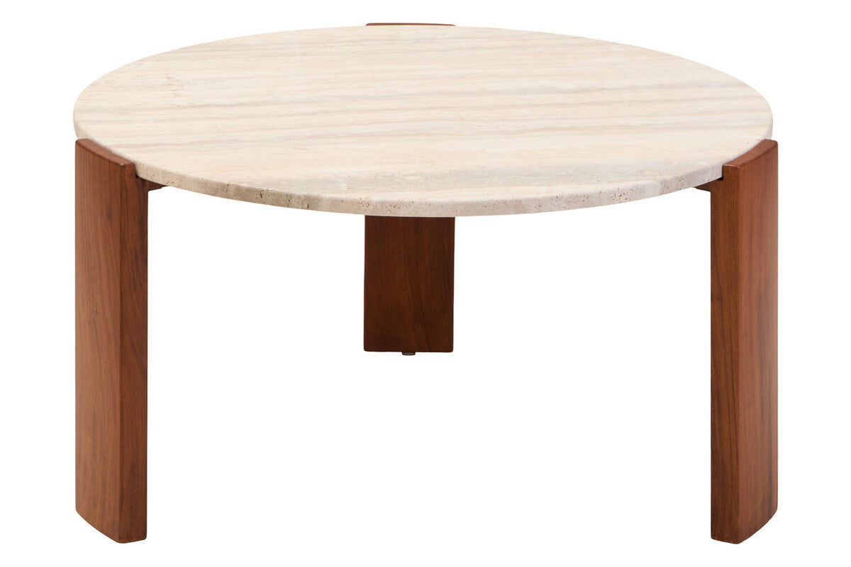 Travertine and Natural Acacia Wood Large Round Coffee Table