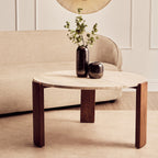 Travertine and Natural Acacia Wood Large Round Coffee Table