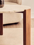 Travertine and Natural Acacia Wood Large Round Coffee Table