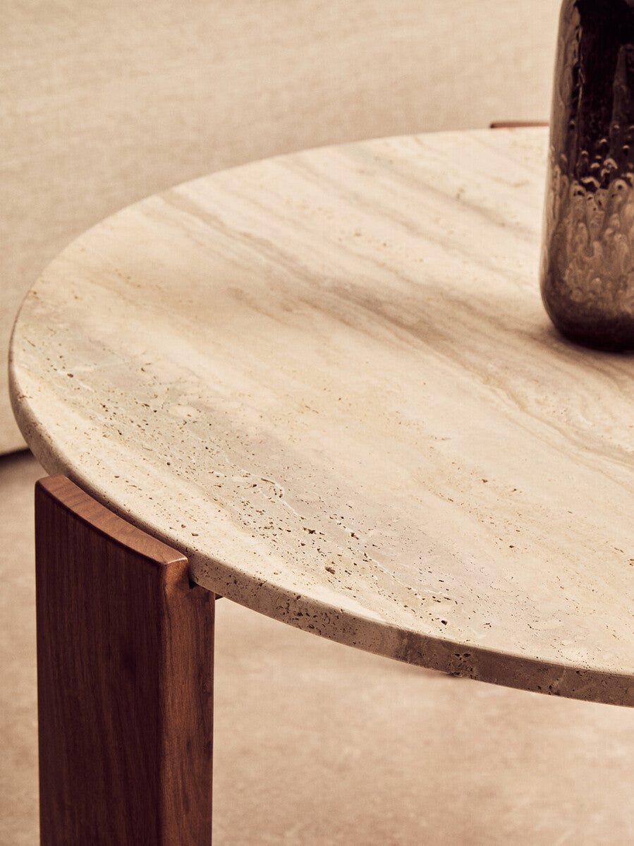 Travertine and Natural Acacia Wood Large Round Coffee Table