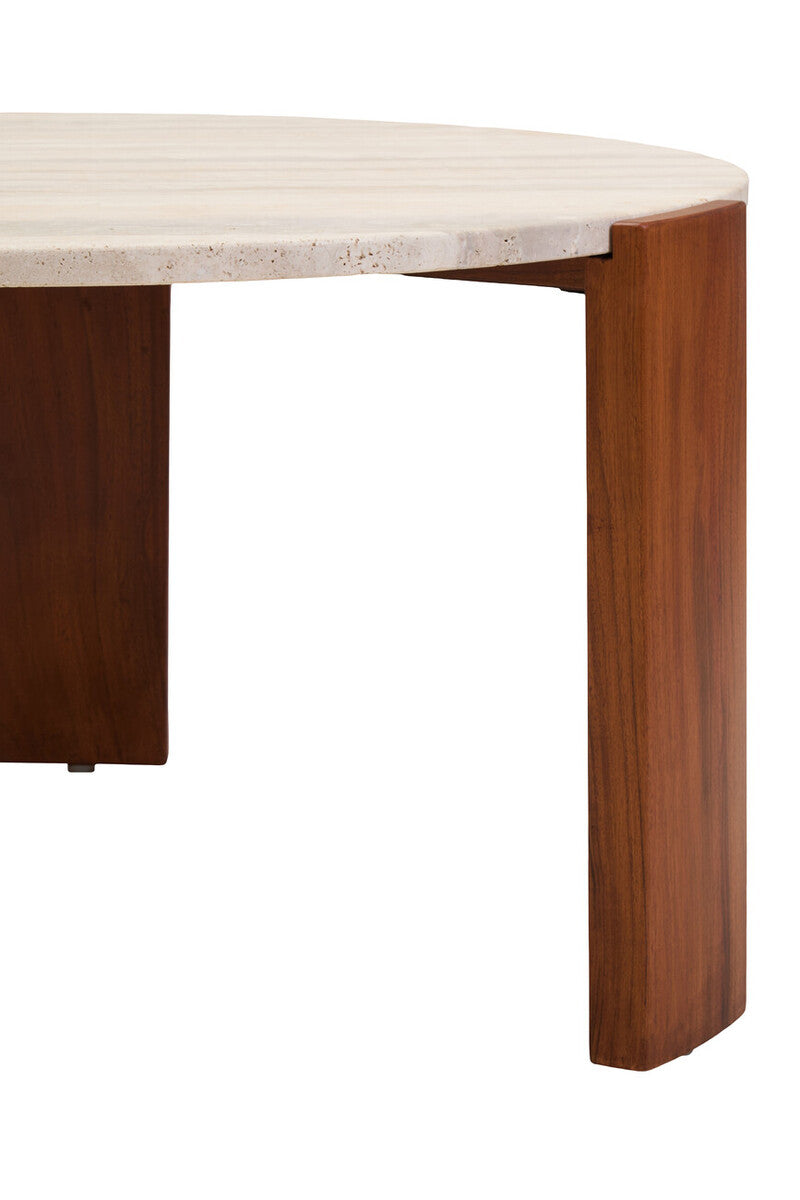 Travertine and Natural Acacia Wood Large Round Coffee Table
