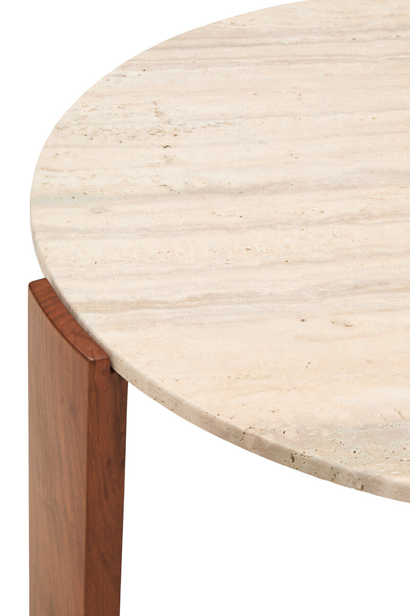 Travertine and Natural Acacia Wood Large Round Coffee Table