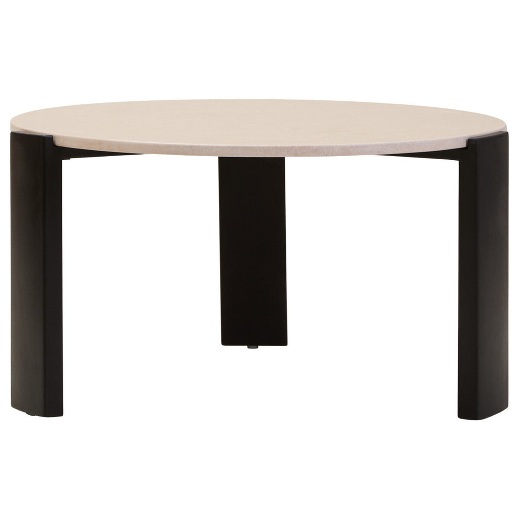 Cream Marble and Black Acacia Wood Large Round Coffee Table