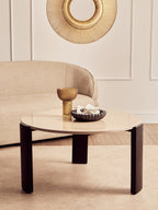 Cream Marble and Black Acacia Wood Large Round Coffee Table
