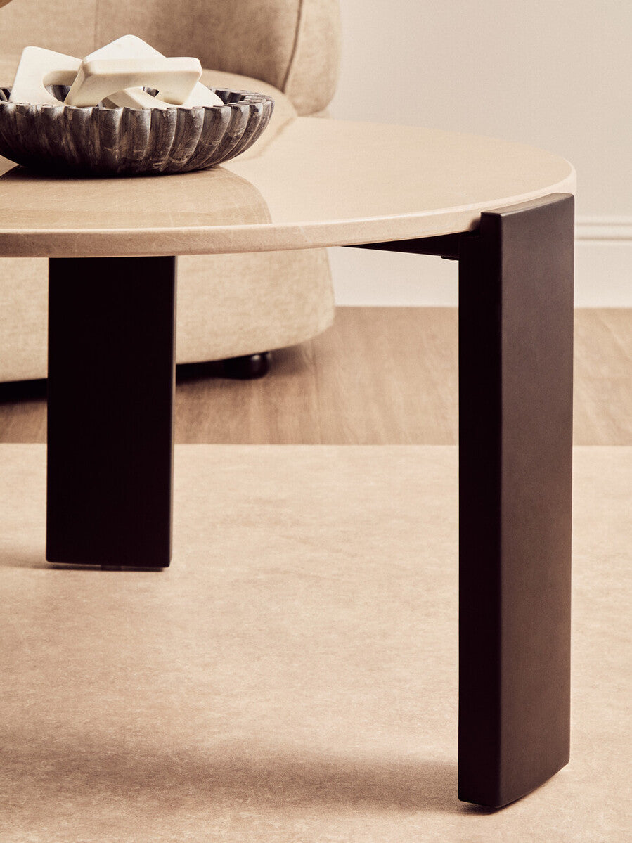 Cream Marble and Black Acacia Wood Large Round Coffee Table