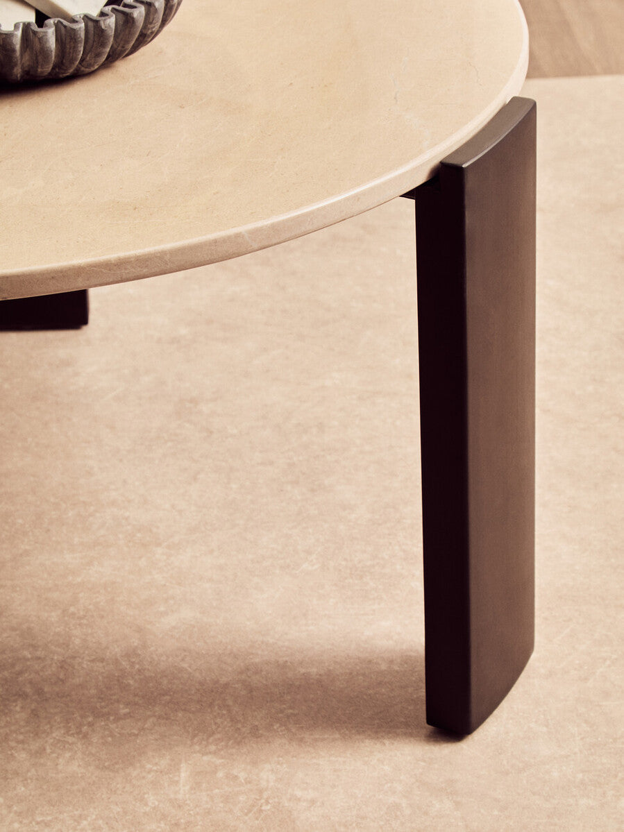Cream Marble and Black Acacia Wood Large Round Coffee Table