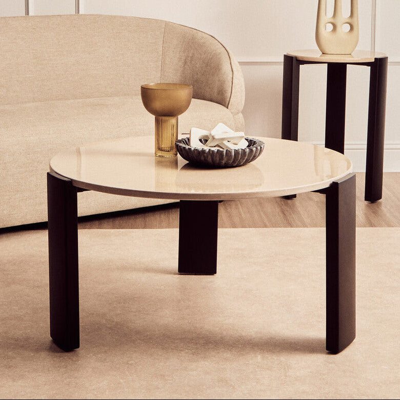 Cream Marble and Black Acacia Wood Large Round Coffee Table
