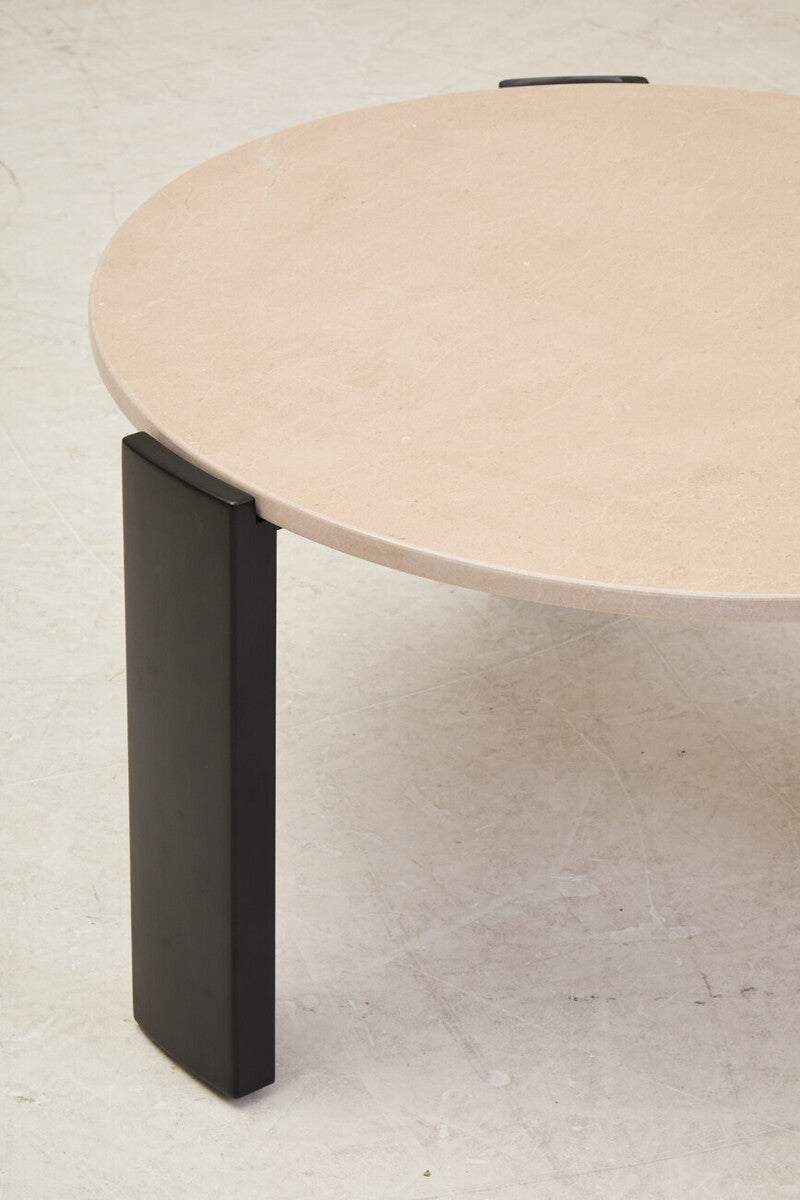 Cream Marble and Black Acacia Wood Large Round Coffee Table