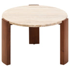 Travertine and Natural Acacia Wood Small Round Coffee Table