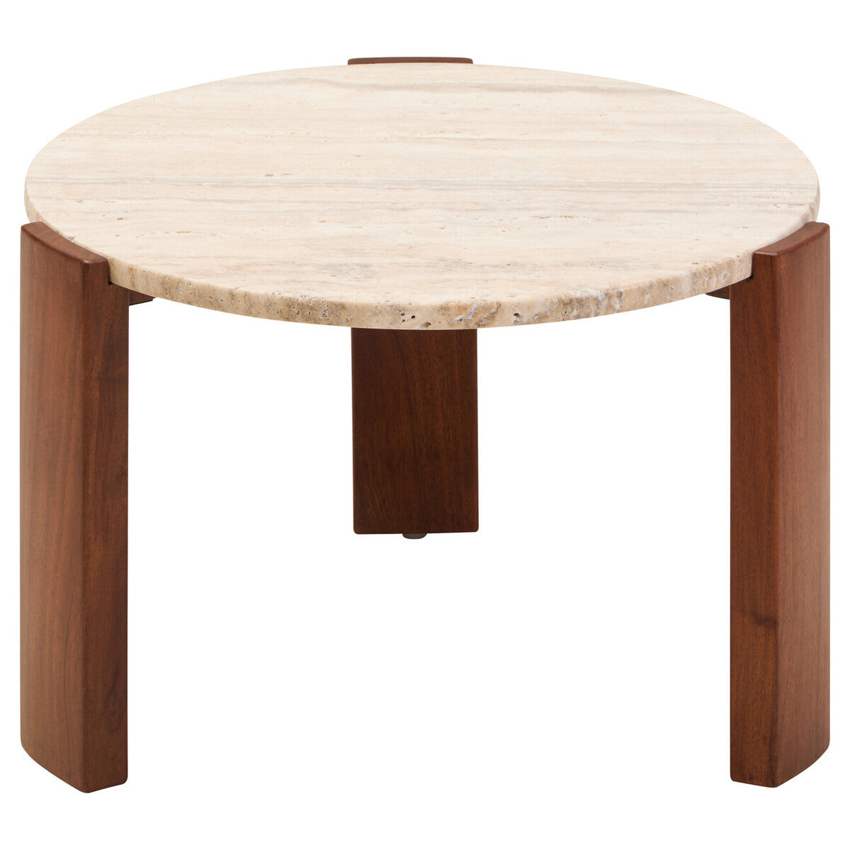 Travertine and Natural Acacia Wood Small Round Coffee Table