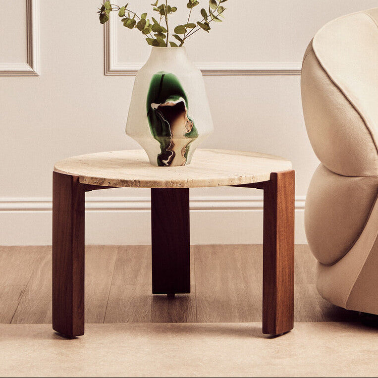 Travertine and Natural Acacia Wood Small Round Coffee Table
