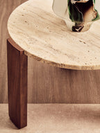 Travertine and Natural Acacia Wood Small Round Coffee Table